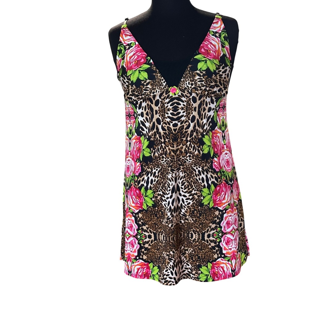 Vintage Y2K Betsey Johnson Leopard Rose Slip Dress Lingerie Mini L